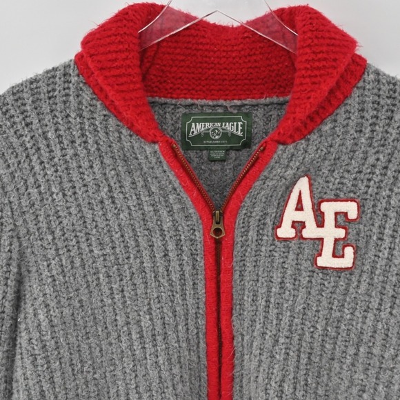 AMERICAN EAGLE Womens Varsity Letterman Sweater Size XS Y2k Gray Full Zip‎ Crop - Picture 10 of 13
